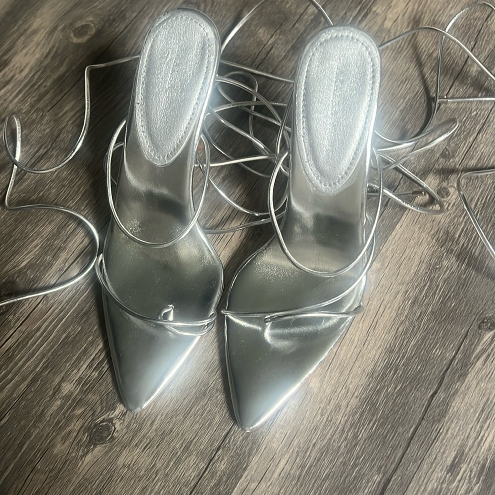 Silver tie up heels